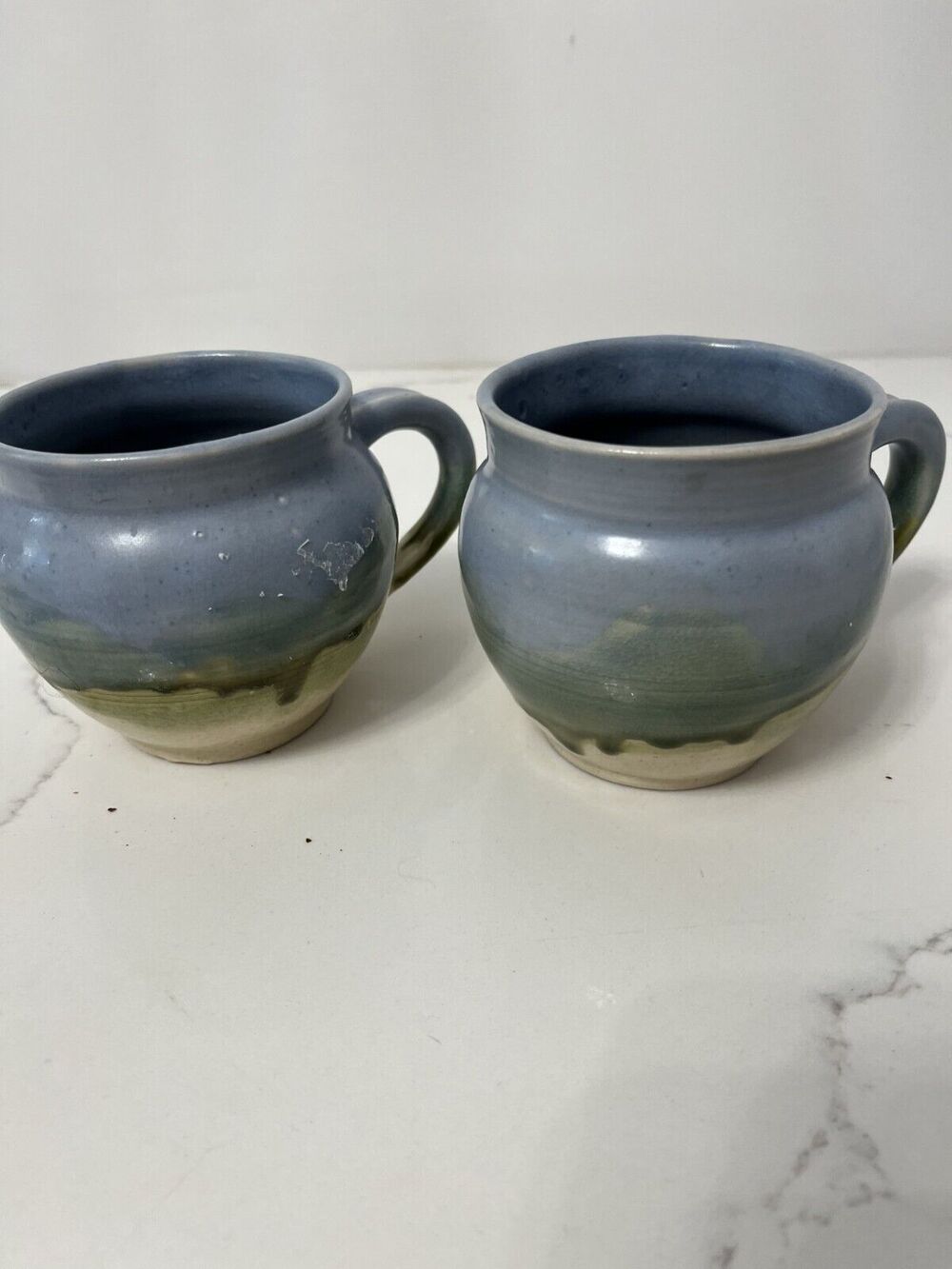 Vintage Mugs Studio Art Pottery Signed Drip Glazed Blue/Green 2 Matching Cottage
